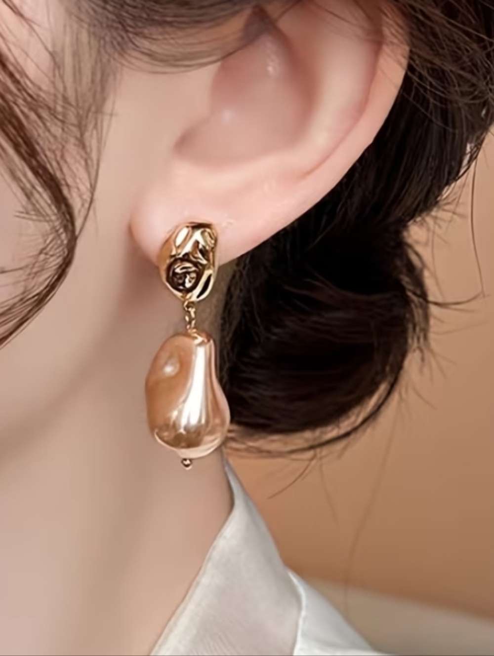 NEW! Gold Plated Baroque Champagne Pearl Dangle Drop Post Earrings-Women Jewelry